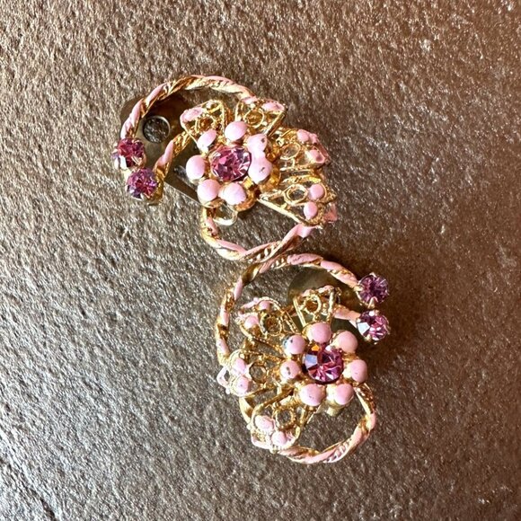 Vintage Pink & Gold Clip-On Earrings Rhinestone & Enamel Floral Made In Austria - Picture 8 of 10